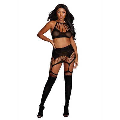 Seamless Bralette & Garter Skirt Set - Black