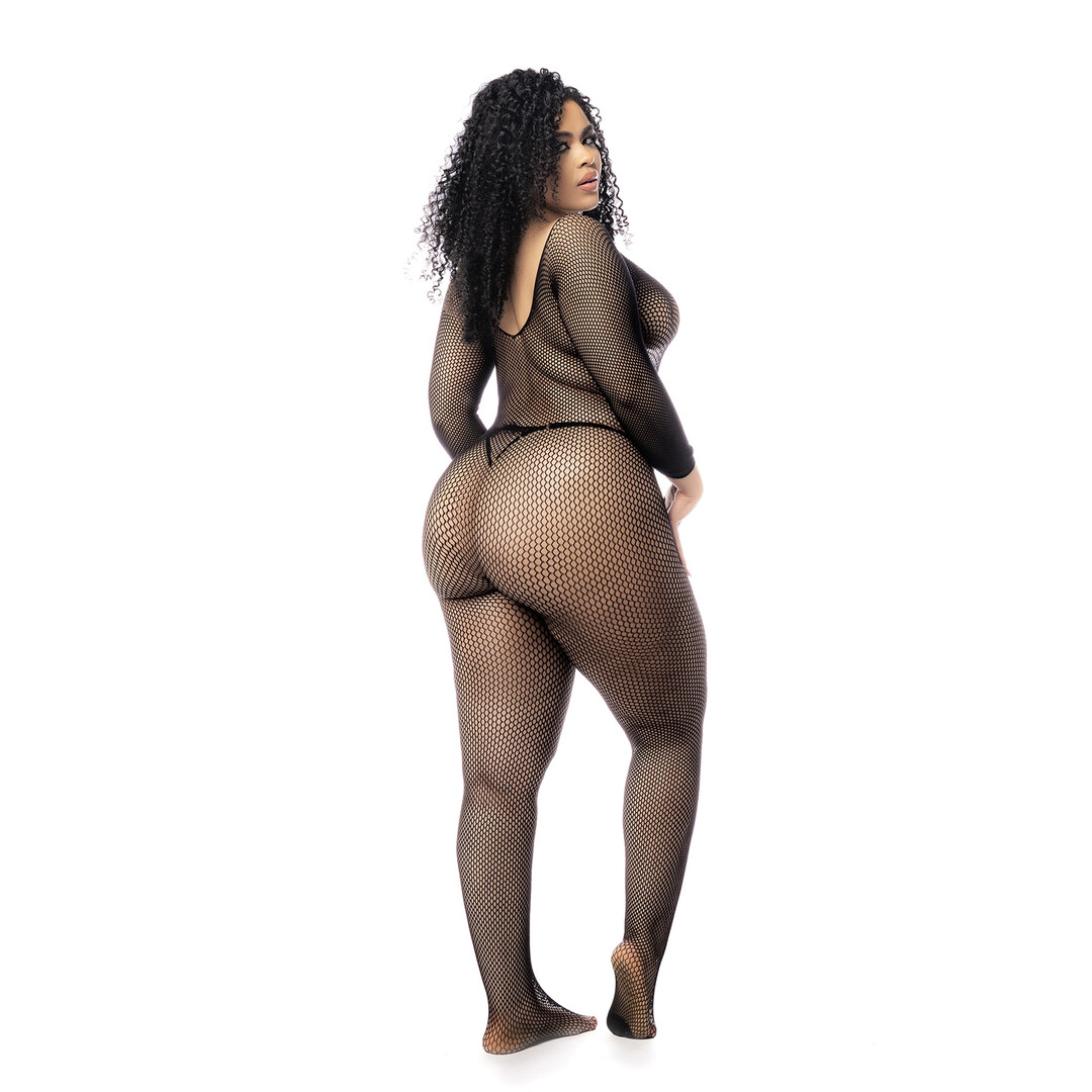Long Sleeved Fishnet Bodystocking - Queen Size - Black - Image 3