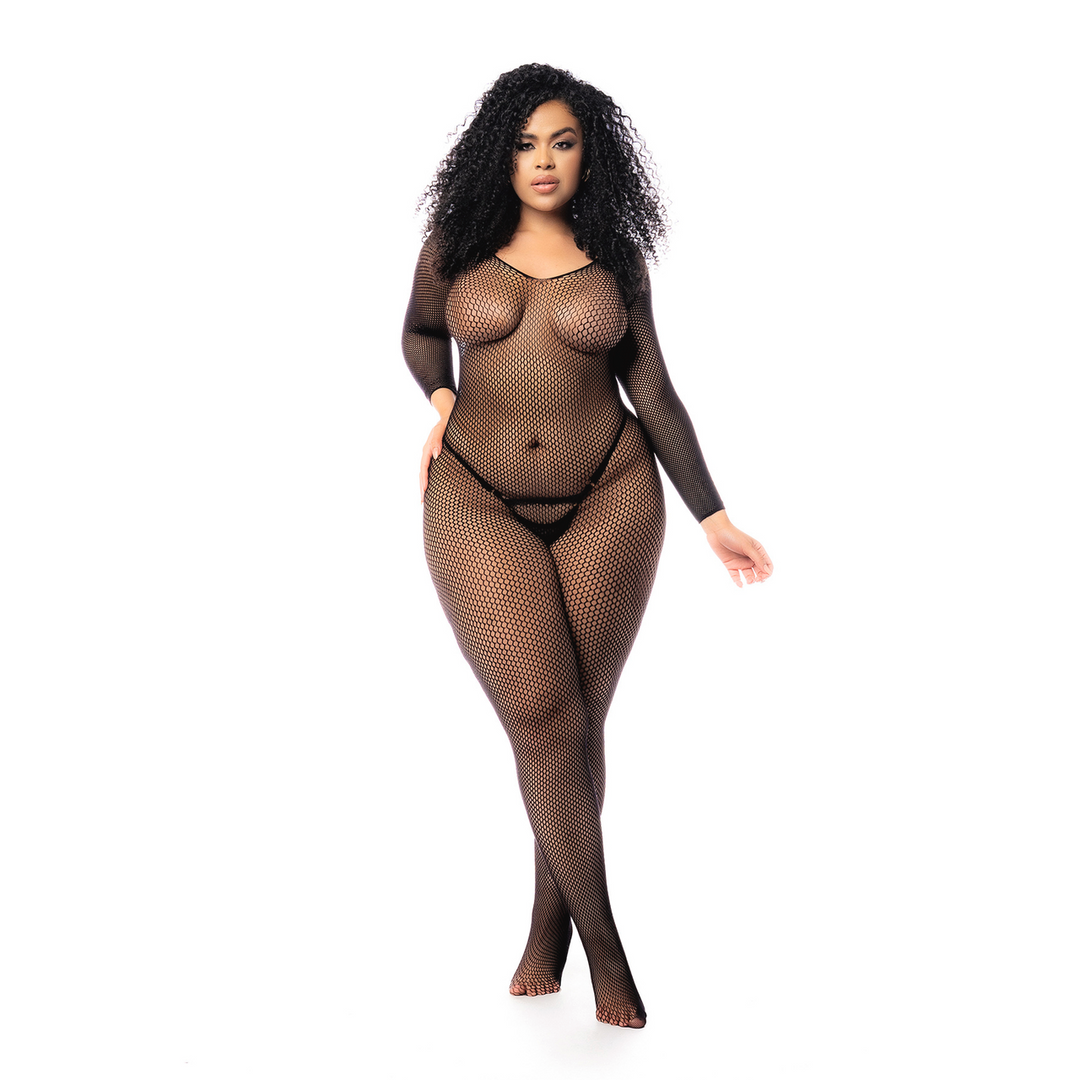 Long Sleeved Fishnet Bodystocking - Queen Size - Black - Image 5