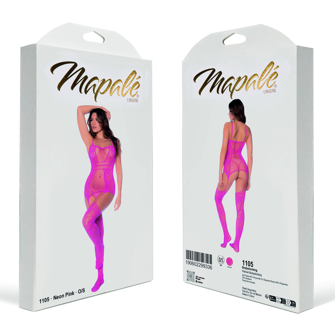 Fishnet Bodystocking with Necklines and Straps - One Size - Pink - Image 2