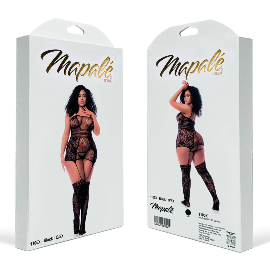 Fishnet Bodystocking with Necklines and Straps - Queen Size - Black - Image 2