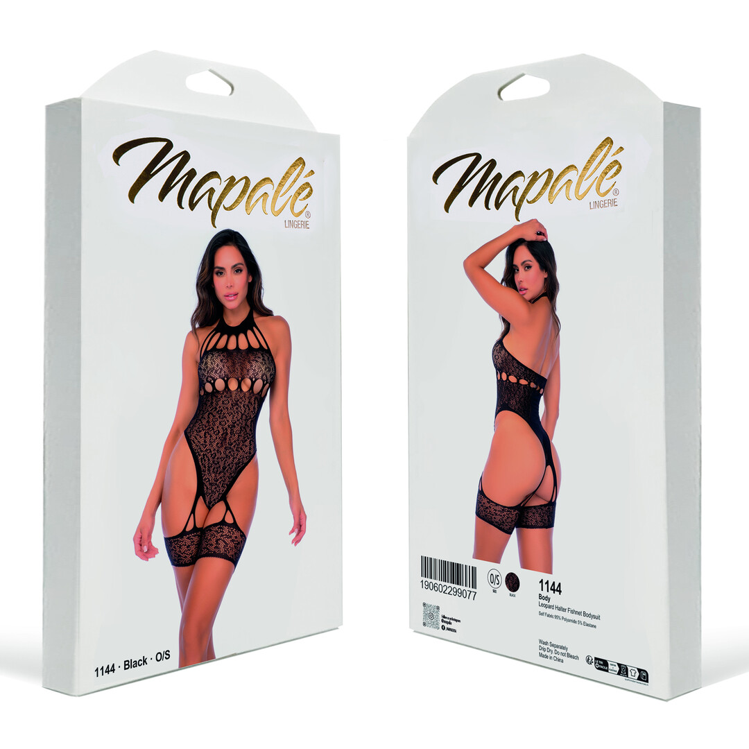 Leopard Halter Fishnet Bodysuit - One Size - Black - Image 2