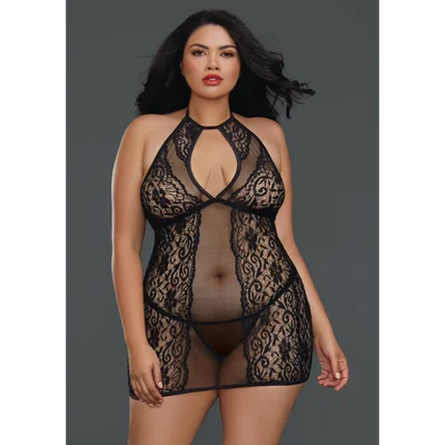 Queen Size Fishnet and Lace Chemise - Black