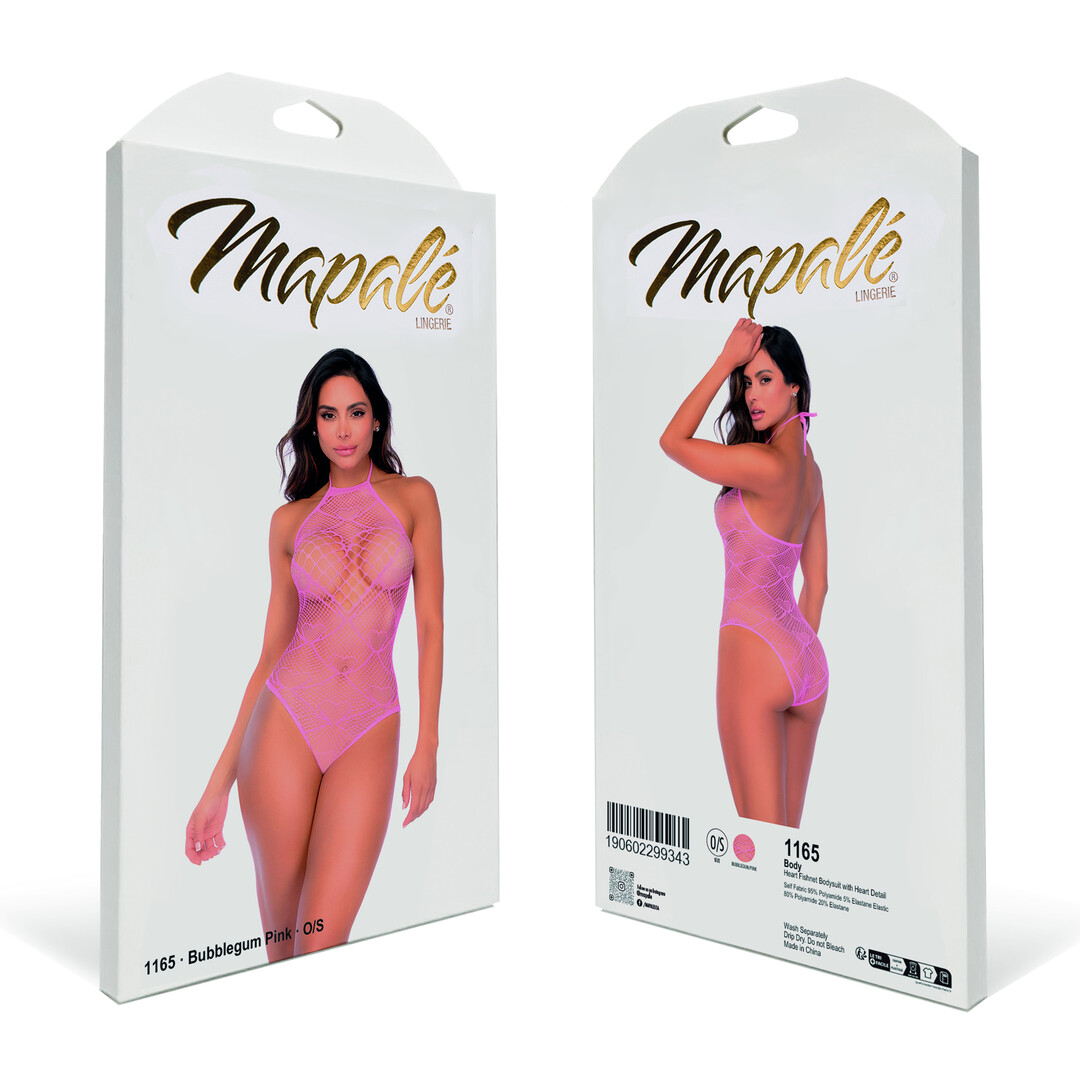 Heart Fishnet Bodysuit with Heart Detail - One Size - Bubbelgum Pink - Image 2