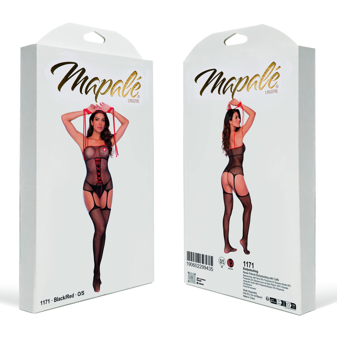 Nurse Fishnet Bodystocking with Cuffs - One Size - Black/Red - Image 2