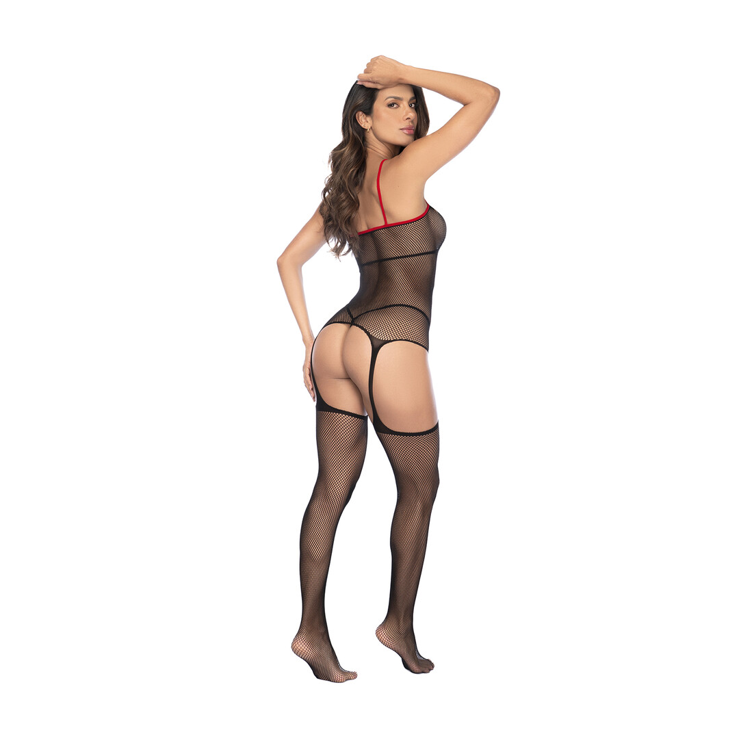 Nurse Fishnet Bodystocking with Cuffs - One Size - Black/Red - Image 5