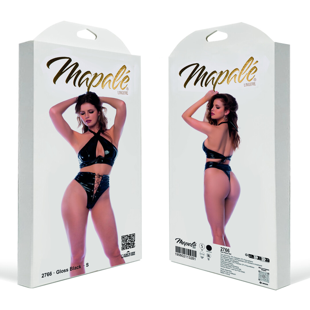 Two Piece Halter Set with Lace-up Panty - S - Gloss Black - Image 2
