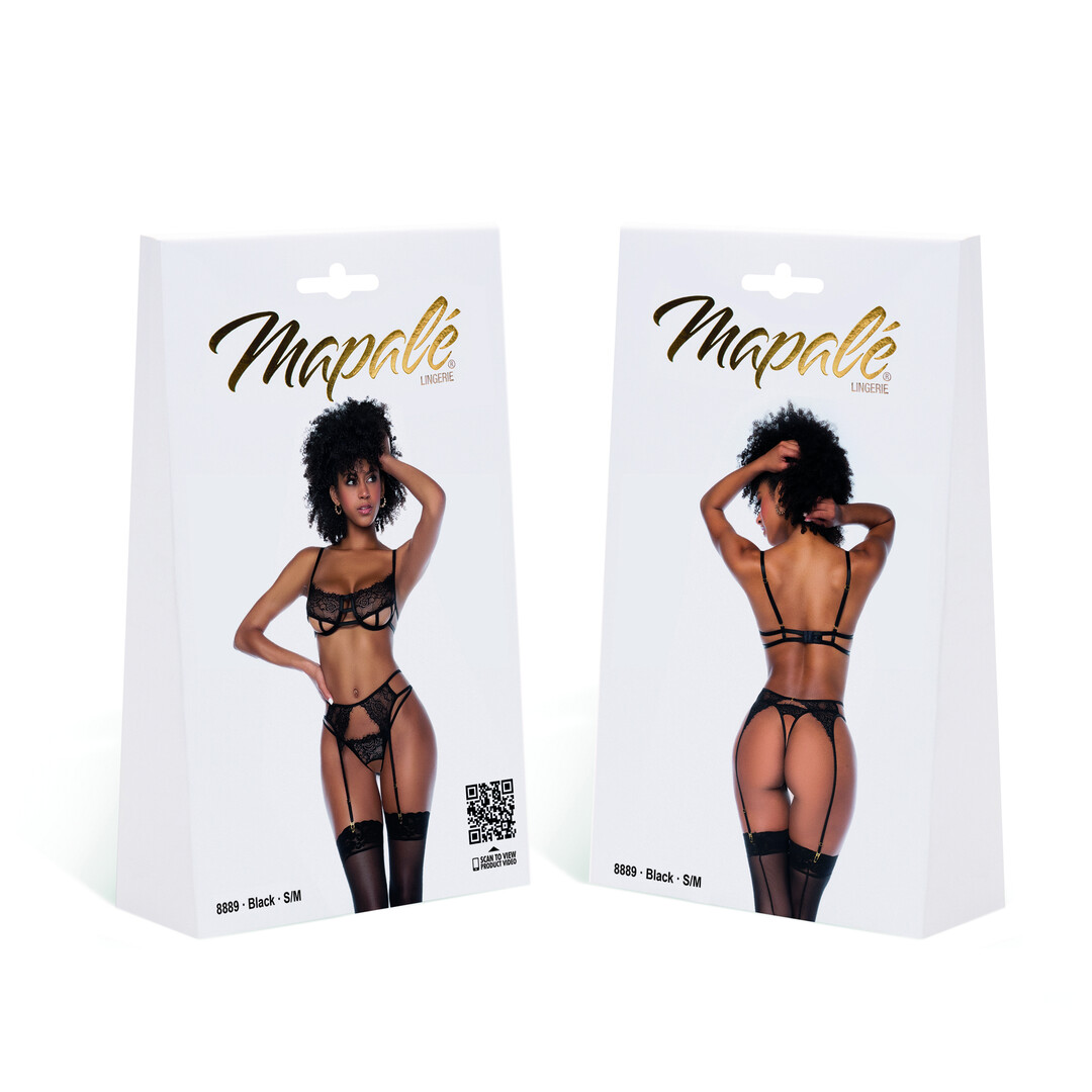 Yours Truly - Three Piece Open Cup Bra Set - L/XL - Black - Image 2