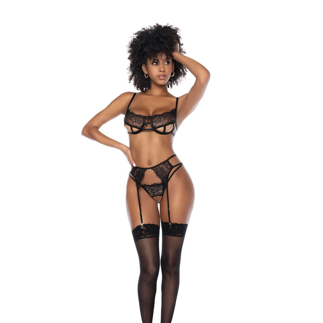 Yours Truly - Three Piece Open Cup Bra Set - L/XL - Black - Image 7