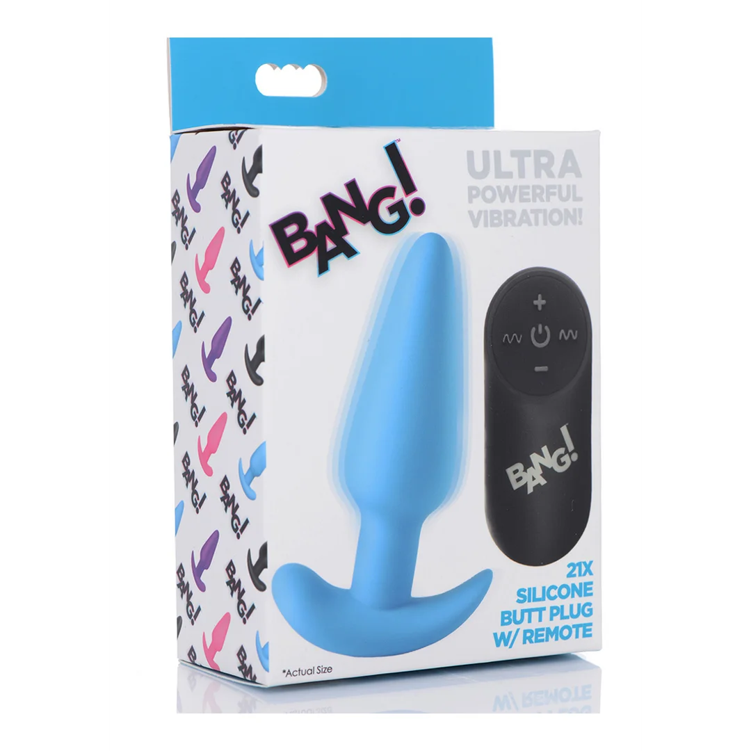 21X Vibrating Silicone Butt Plug with Remote Control - Blue