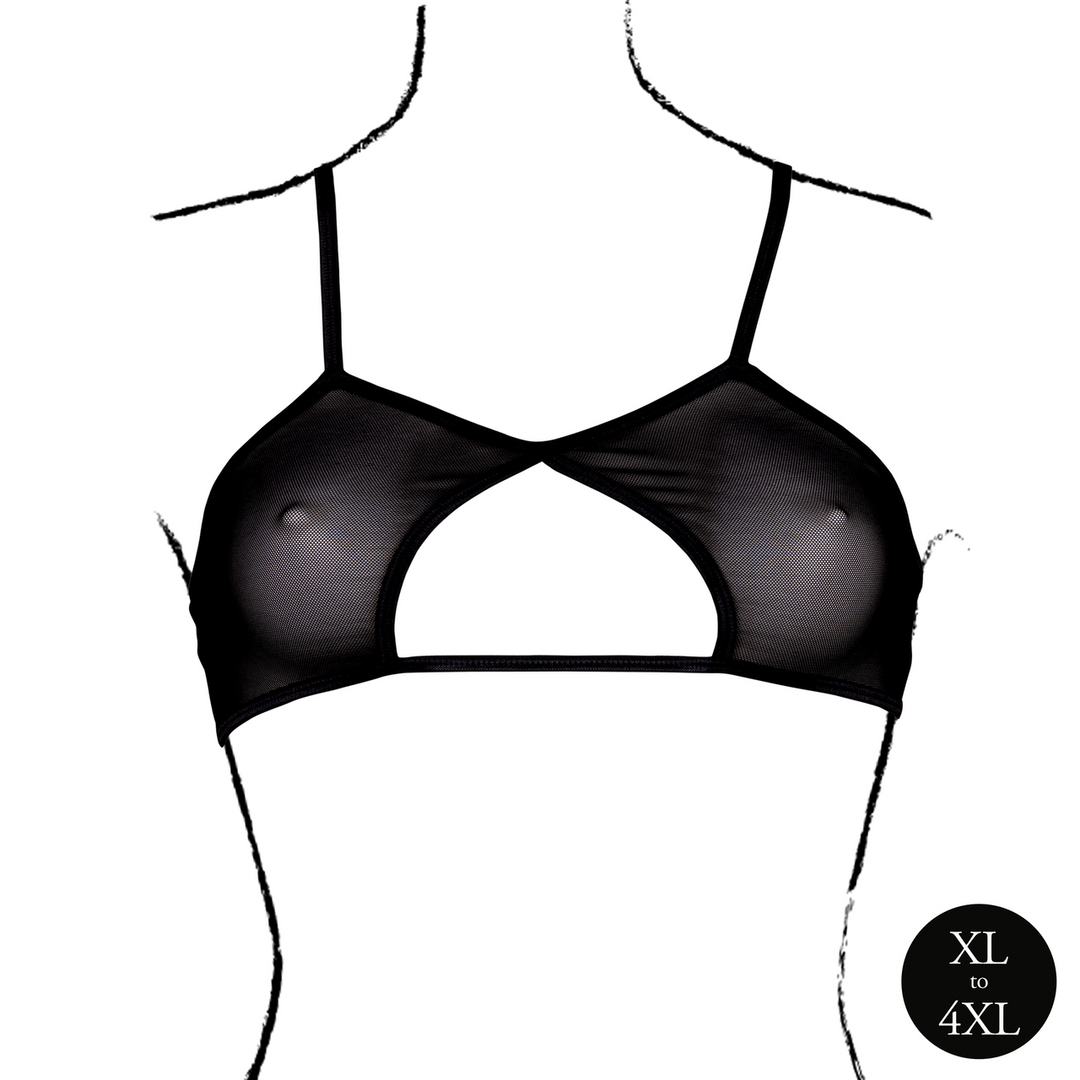 Keyhole Mesh Bra with Double Back Straps and Adjustable Sliders - Queen Size - Black - Image 5