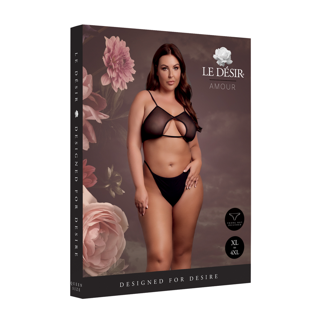 Keyhole Mesh Bra with Double Back Straps and Adjustable Sliders - Queen Size - Black - Image 2