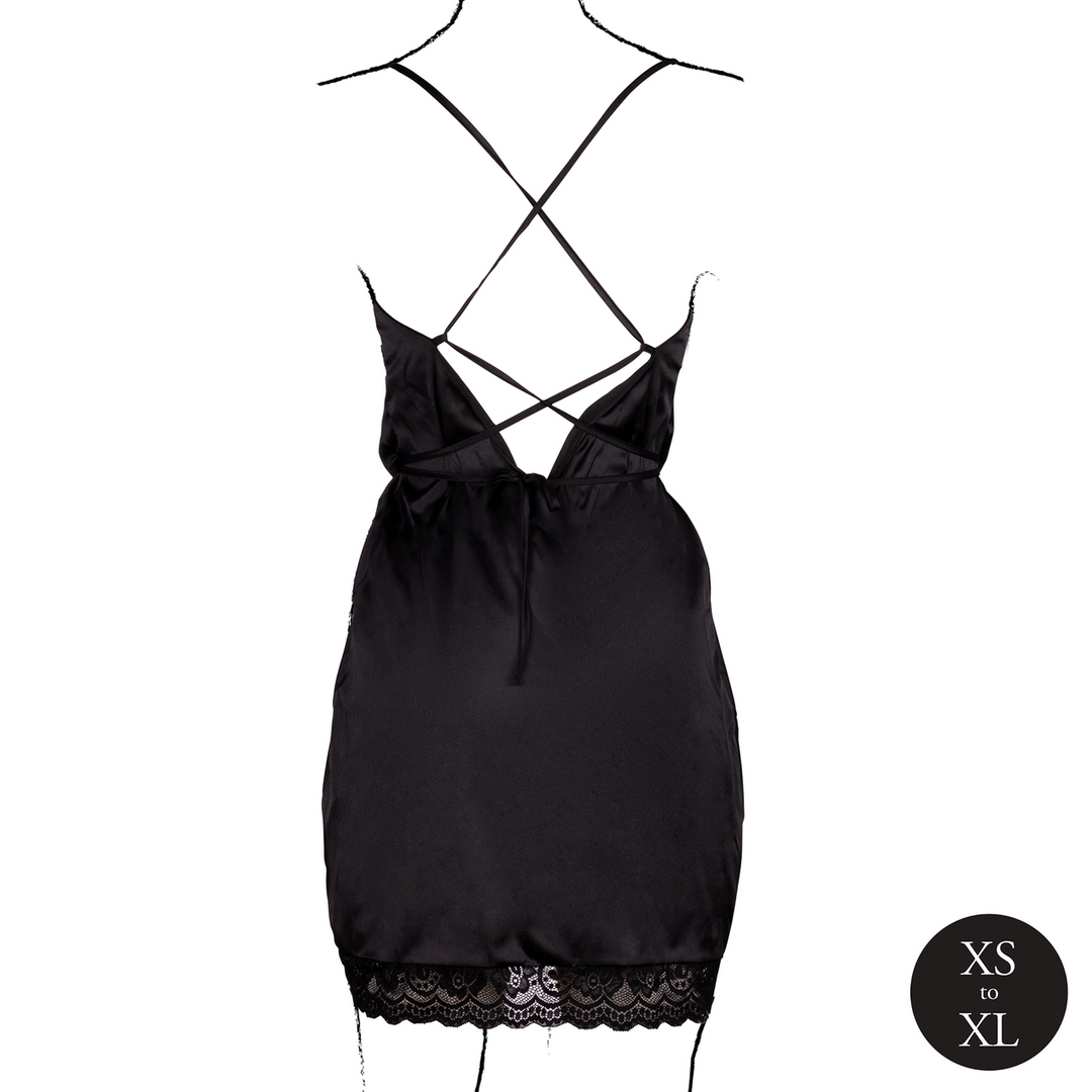 Open Back Silk Dress with Criss Cross Details and Slit - One Size - Black - Image 6