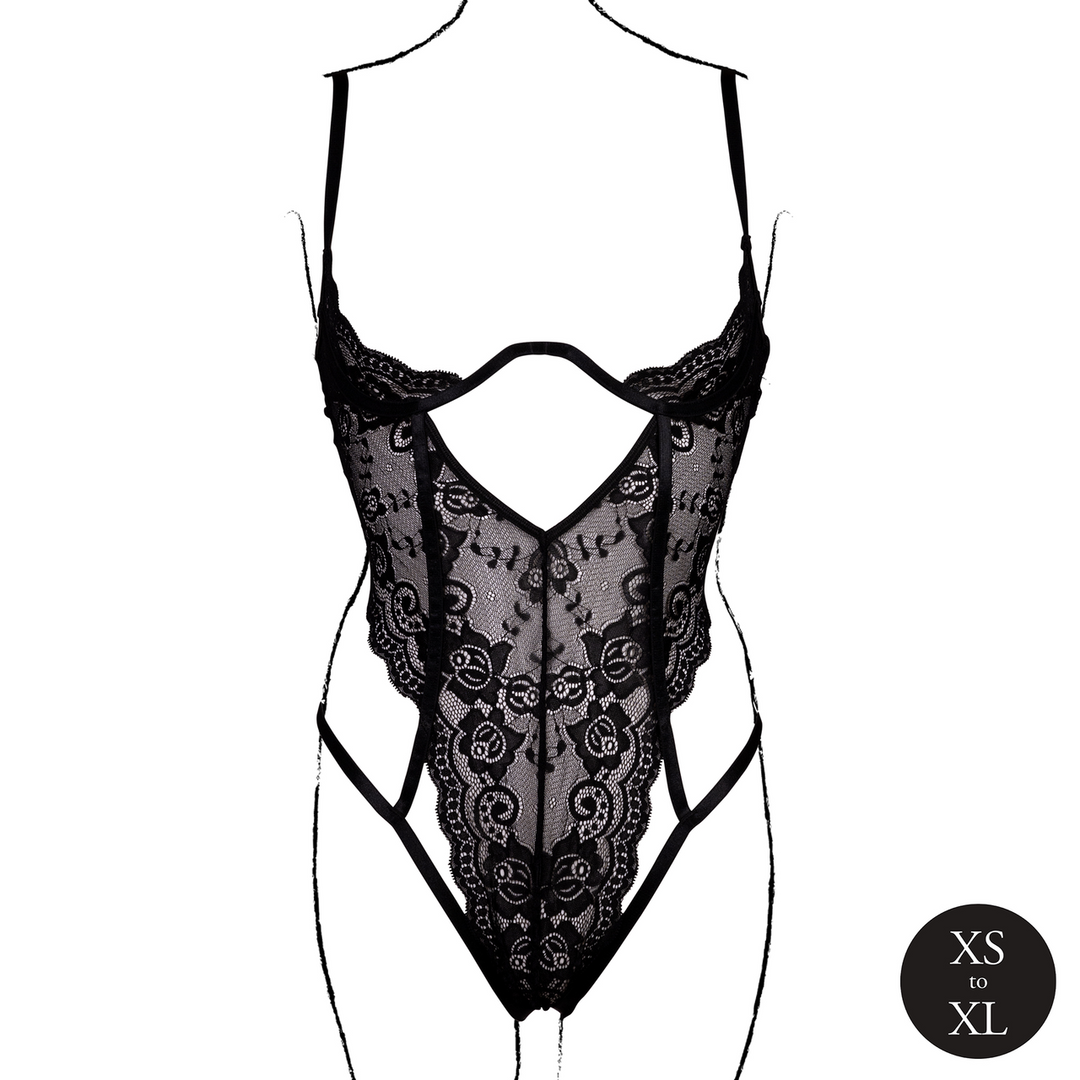 Lace Underwired Open Cup Bodysuit with Adjustable Sliders - One Size - Black - Image 5