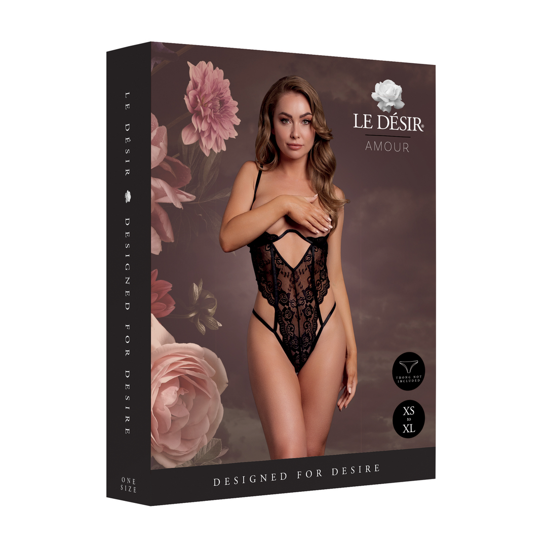 Lace Underwired Open Cup Bodysuit with Adjustable Sliders - One Size - Black - Image 2