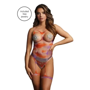 Open-Cup Strappy Teddy & Dazzling Nipple Bling Sticker
