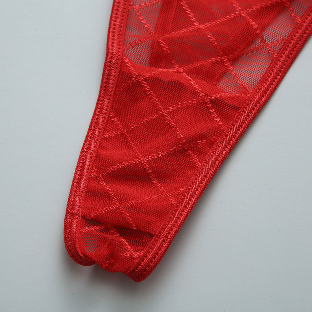 Diamond Net Three Piece Lingerie Set - S/M - Red - Image 6
