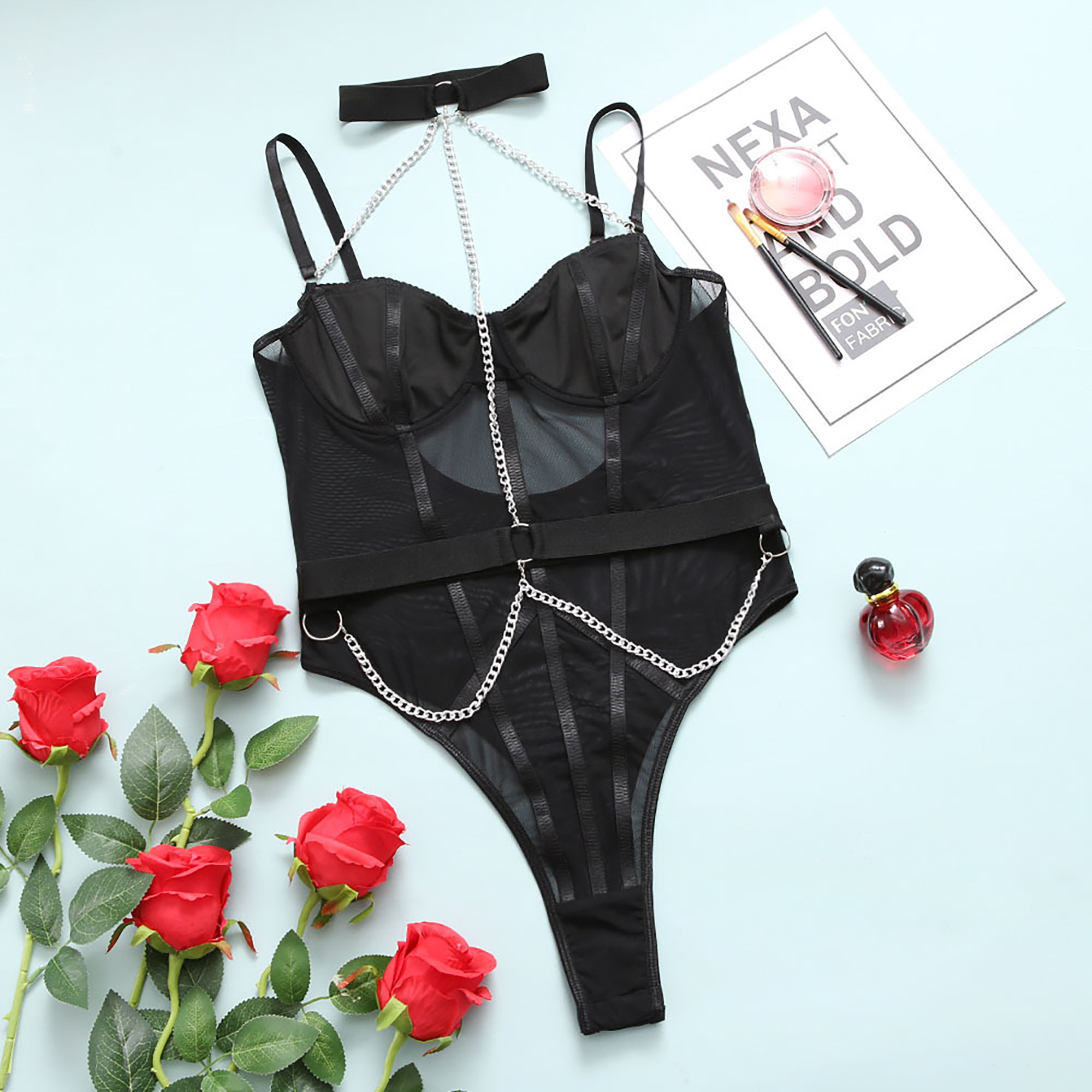Mesh Bodysuit with Bodychain and Collar - L/XL - Black - Image 5