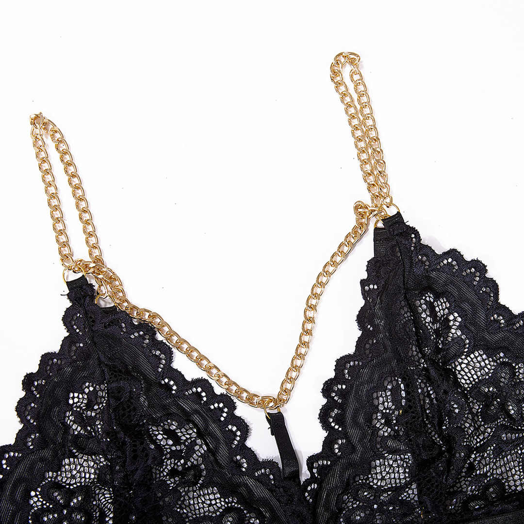 Strappy Three Piece ?Lace Cut-out Set with Chains - L/XL - Black - Image 4