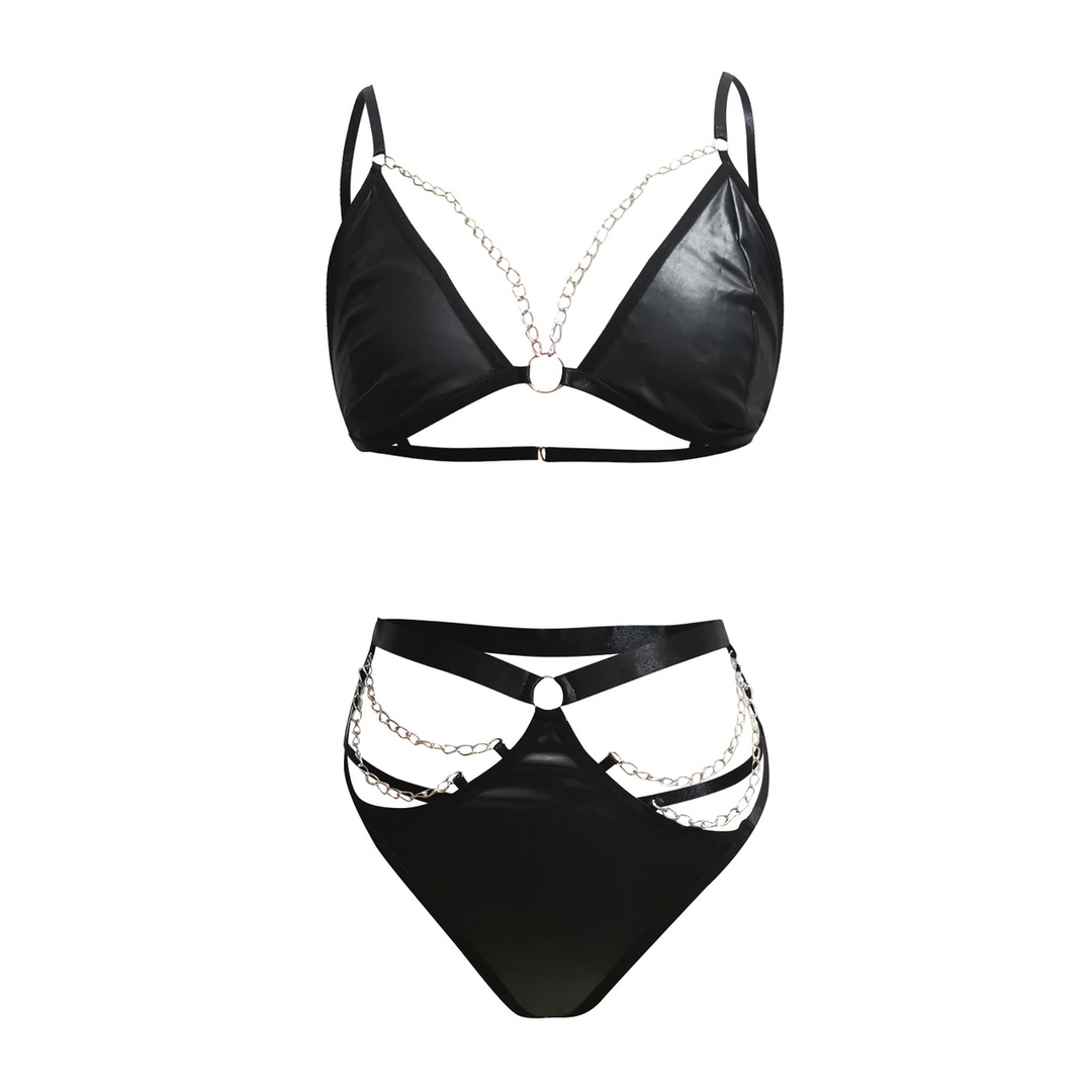 Micro Faux Leather Two Piece Set with Chain - S/M - Black - Image 5