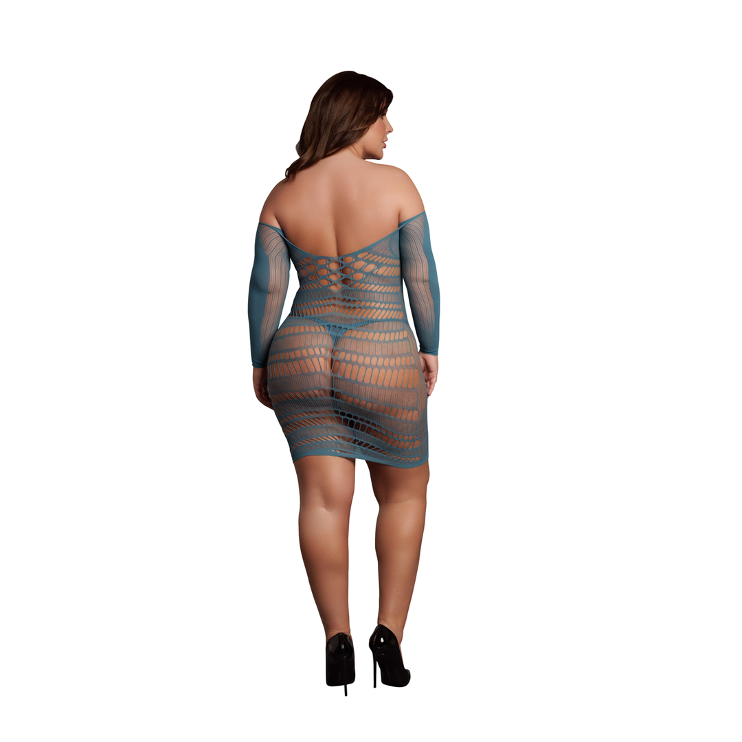 Long-Sleeved Net Mini Dress - Queen Size - Blue - Image 4
