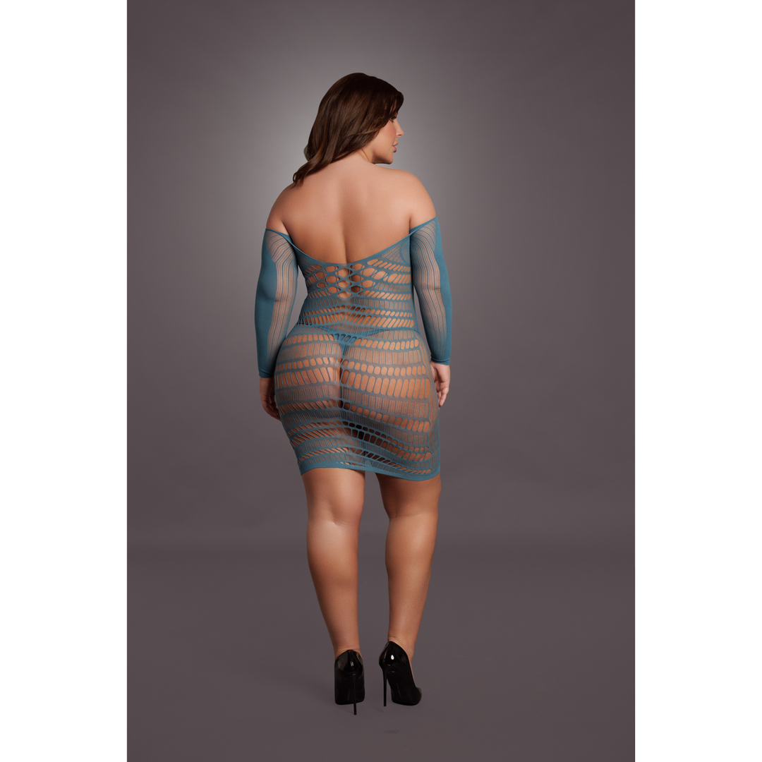 Long-Sleeved Net Mini Dress - Queen Size - Blue - Image 6