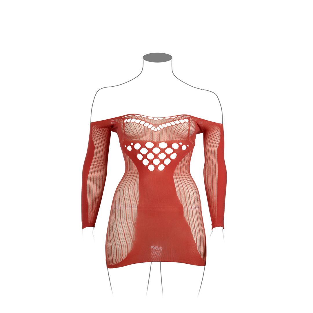 Long-Sleeved Net Mini Dress - Queen Size - Red - Image 7