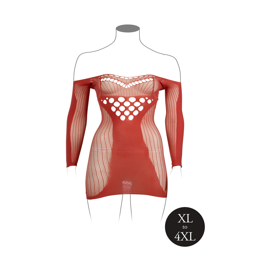 Long-Sleeved Net Mini Dress - Queen Size - Red - Image 9