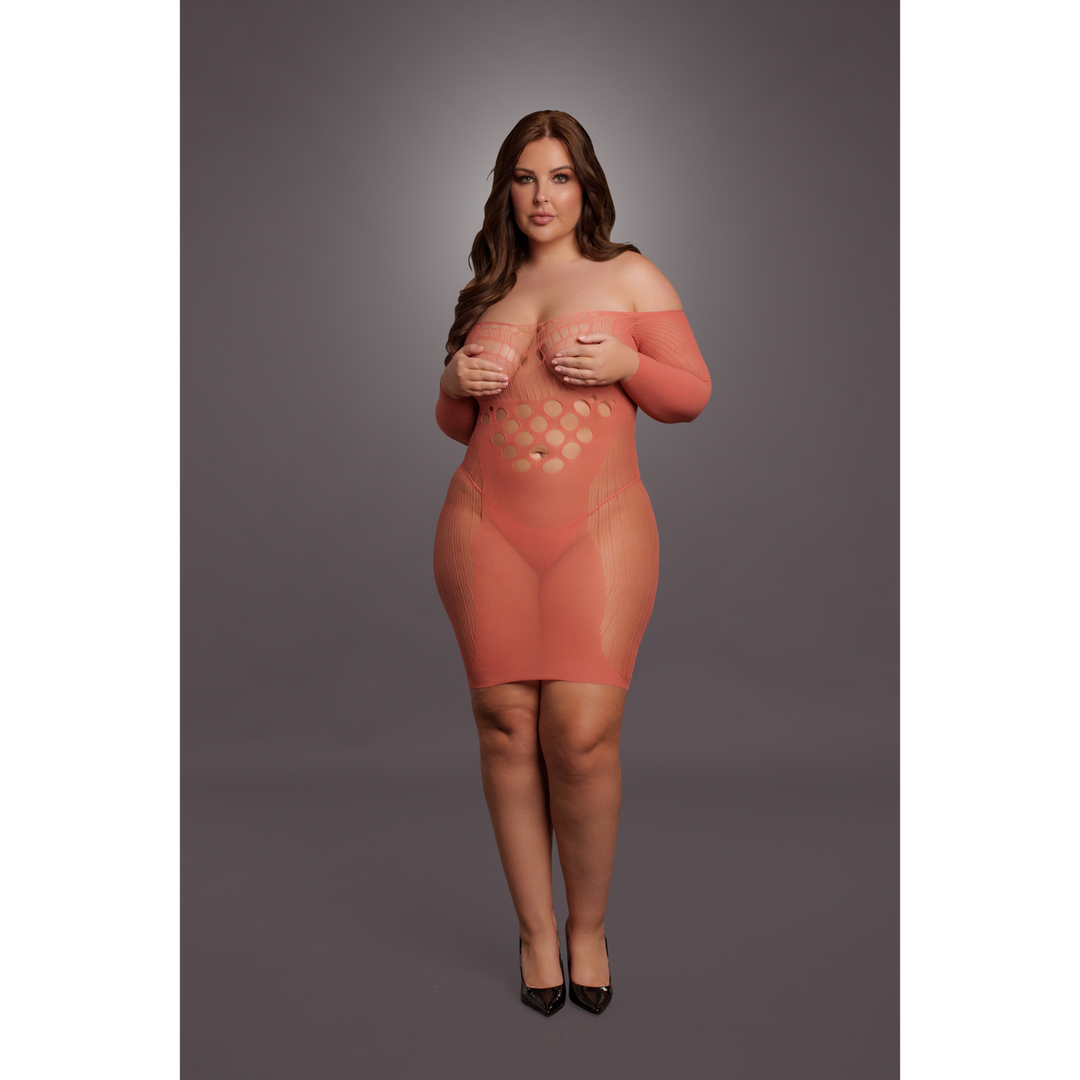 Long-Sleeved Net Mini Dress - Queen Size - Red - Image 5