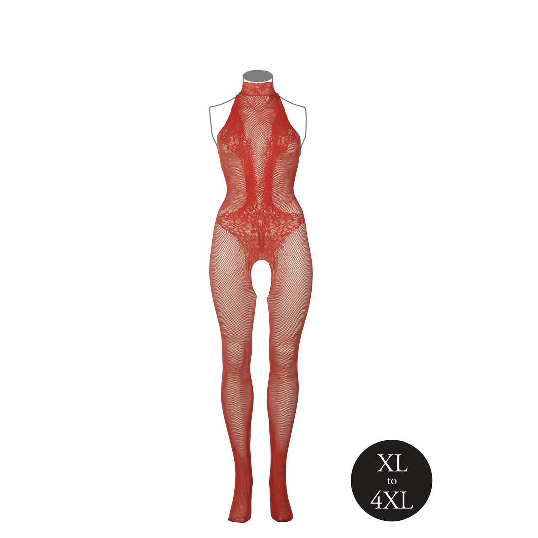 Fishnet and Lace Bodystocking - Queen Size - Red - Image 9
