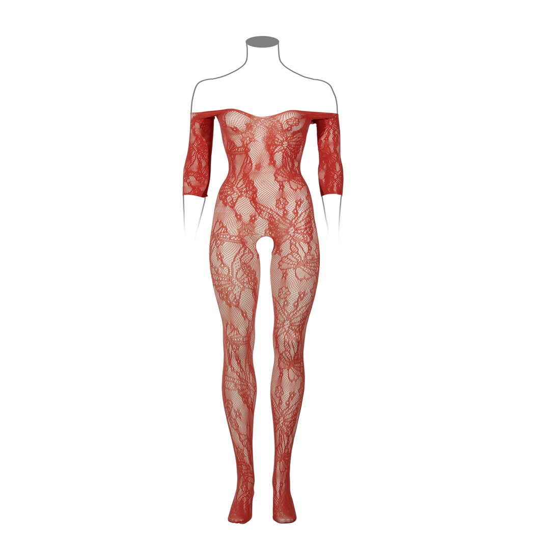 Lace Long-Sleeved Bodystocking - Queen Size - Red - Image 7