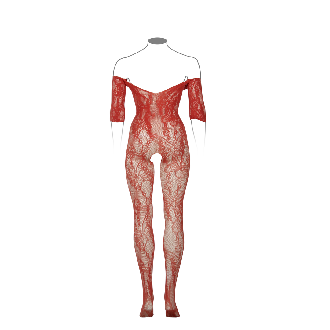 Lace Long-Sleeved Bodystocking - Queen Size - Red - Image 8