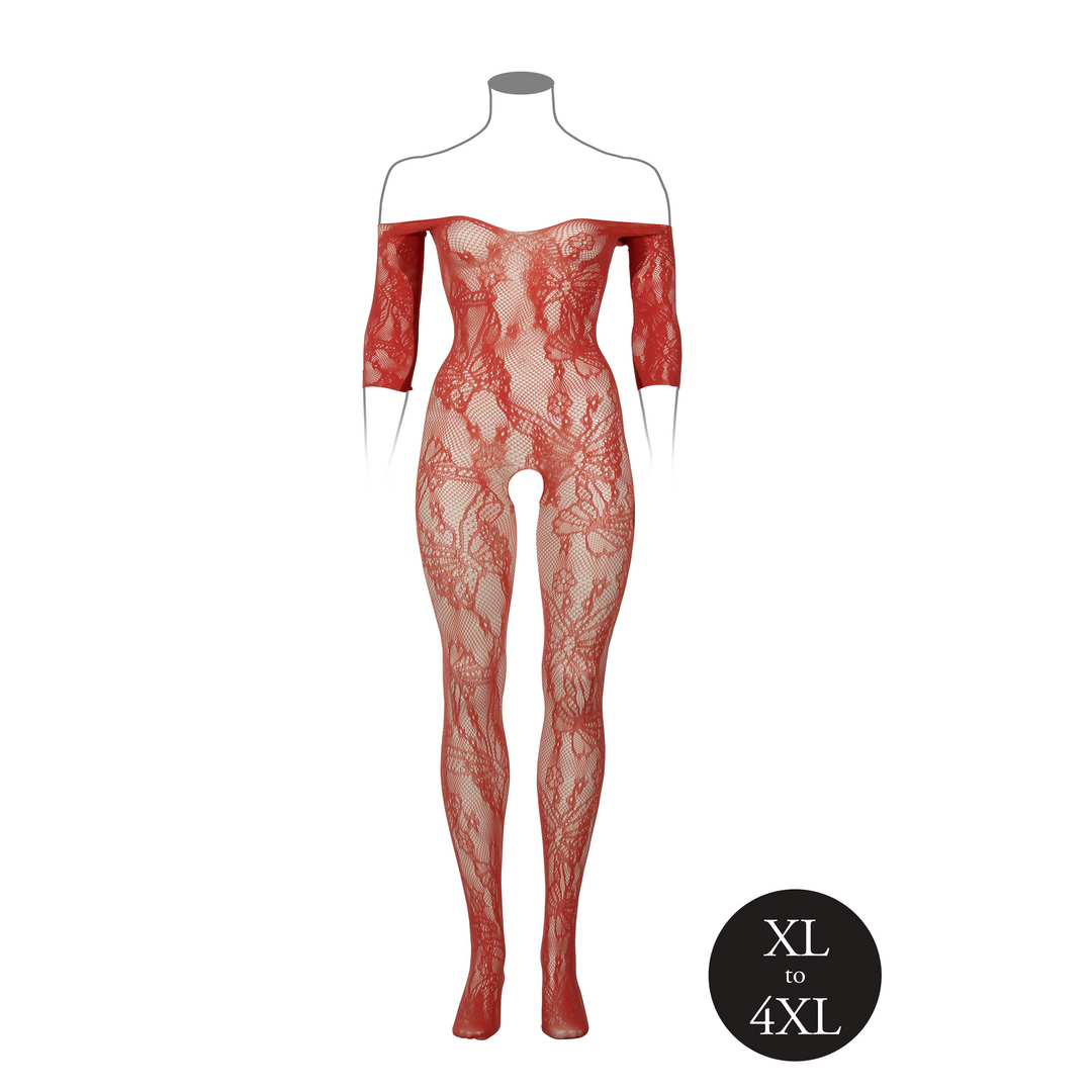 Lace Long-Sleeved Bodystocking - Queen Size - Red - Image 9