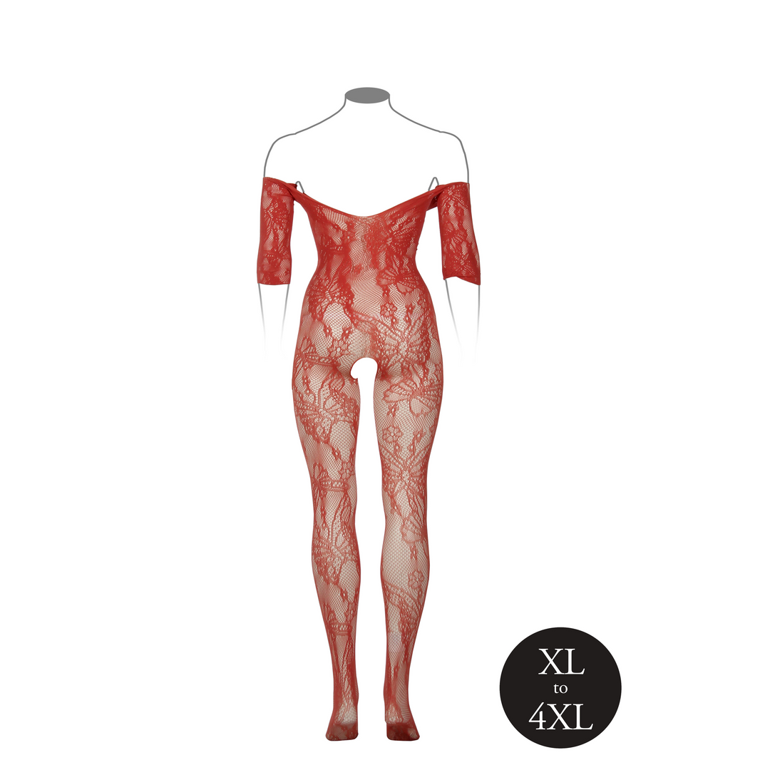 Lace Long-Sleeved Bodystocking - Queen Size - Red - Image 10