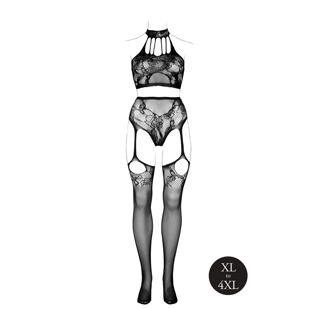 Two Piece with Halter Turtleneck and Pantie with Attached Stockings - Queen Size - Black - Image 9