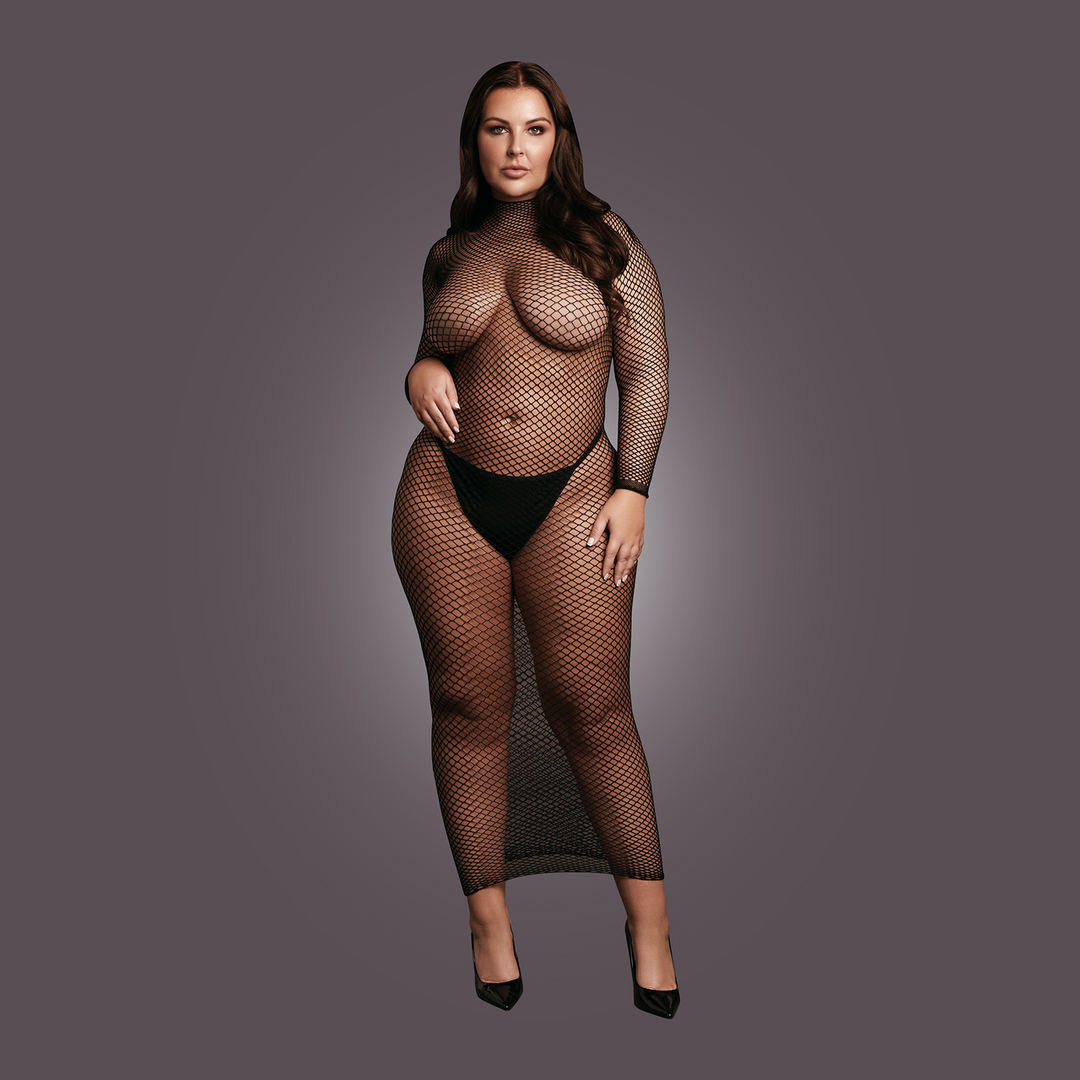 Long Dress Fishnet Structure and Turtle Neck - Queen Size - Black - Image 5