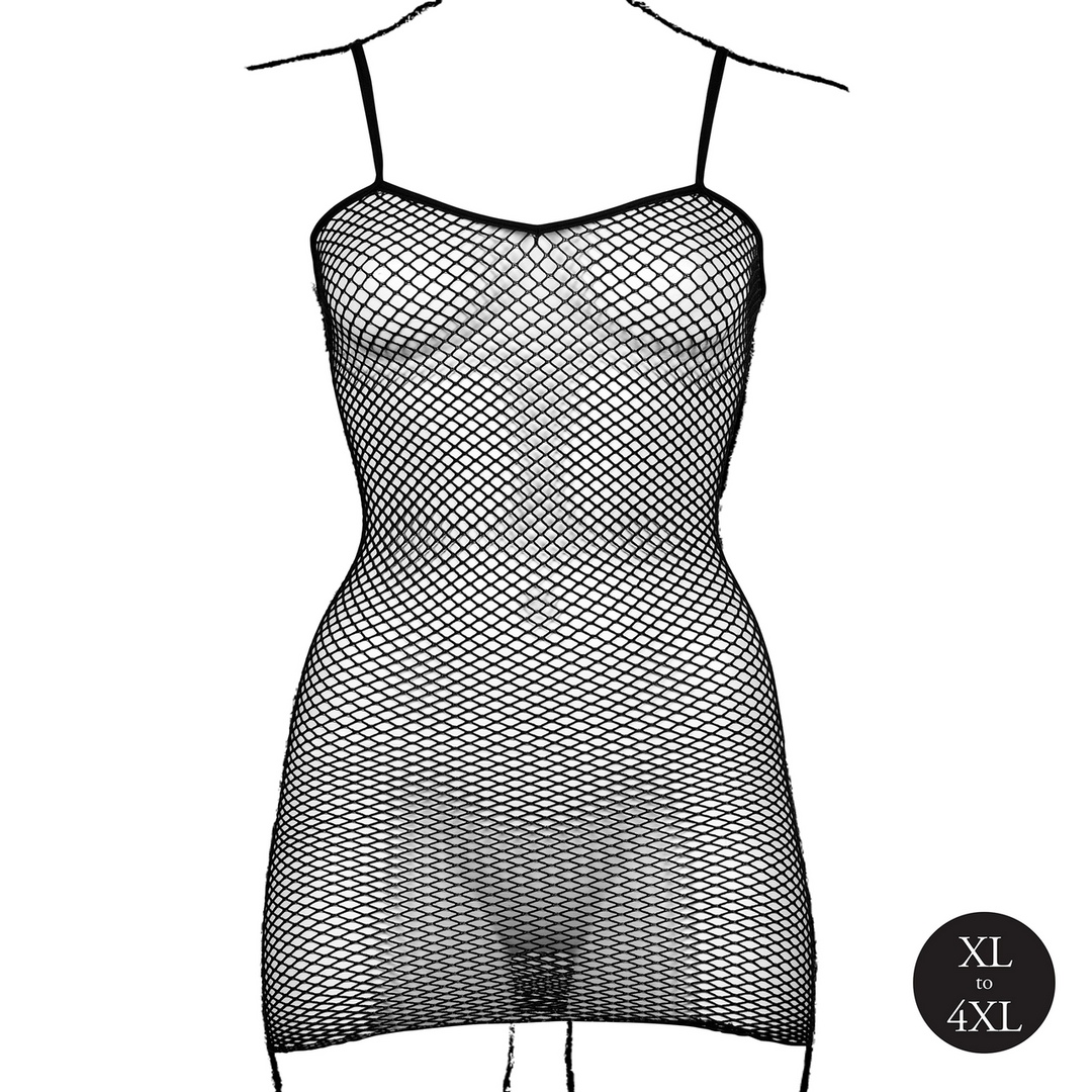 Short Dress Fishnet and Spaghetti Straps - Queen Size - Black - Image 9