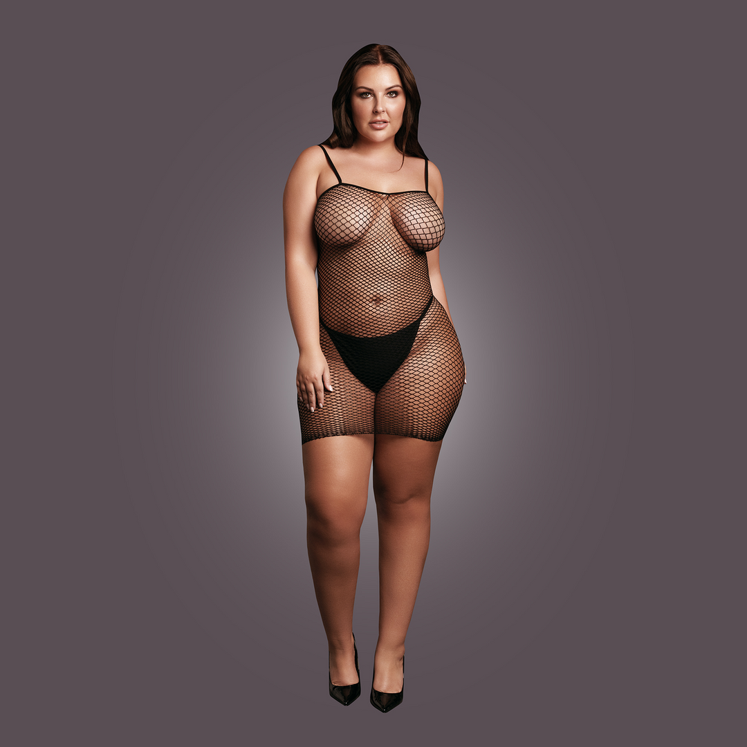 Short Dress Fishnet and Spaghetti Straps - Queen Size - Black - Image 5