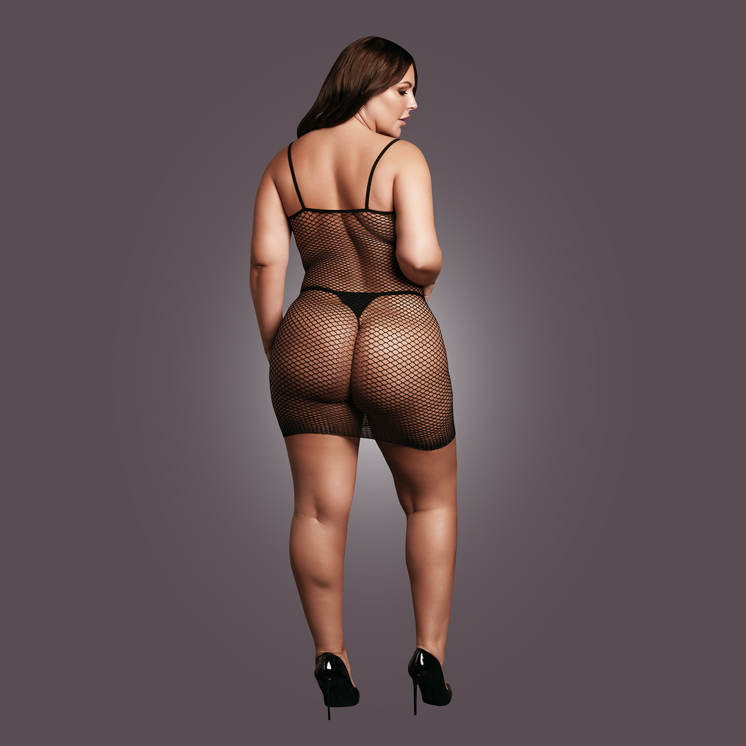 Short Dress Fishnet and Spaghetti Straps - Queen Size - Black - Image 6