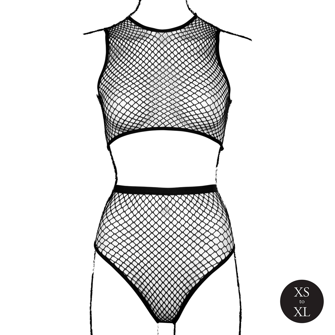 2 Pc Crop Top - Pantie and Fishnet Structure - One Size - Black - Image 8