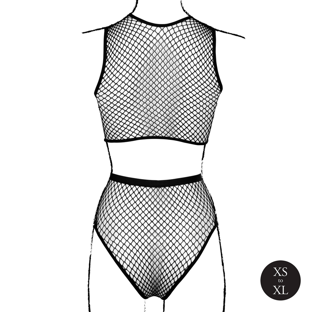 2 Pc Crop Top - Pantie and Fishnet Structure - One Size - Black - Image 9