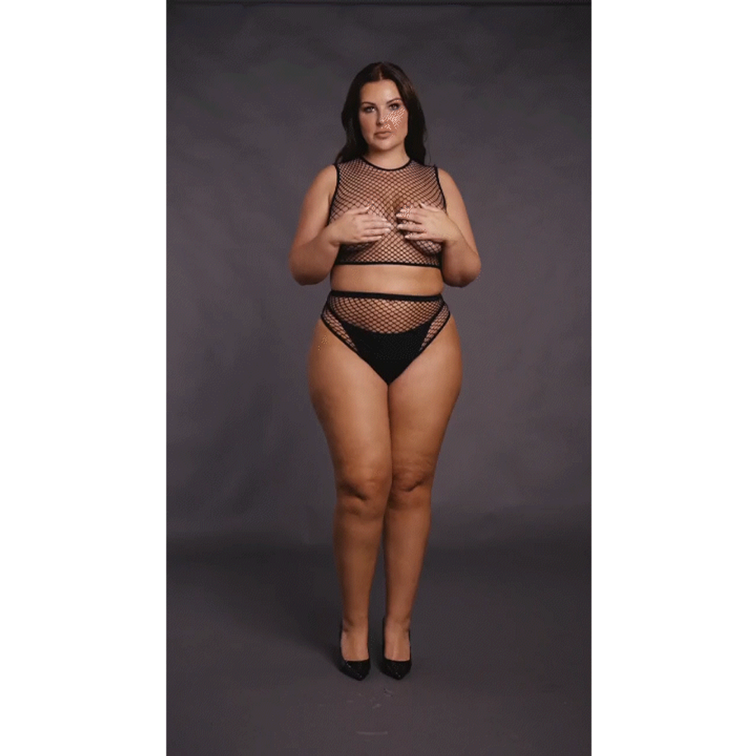 2 Pc Crop Top - Pantie and Fishnet Structure - Queen Size - Black - Image 7
