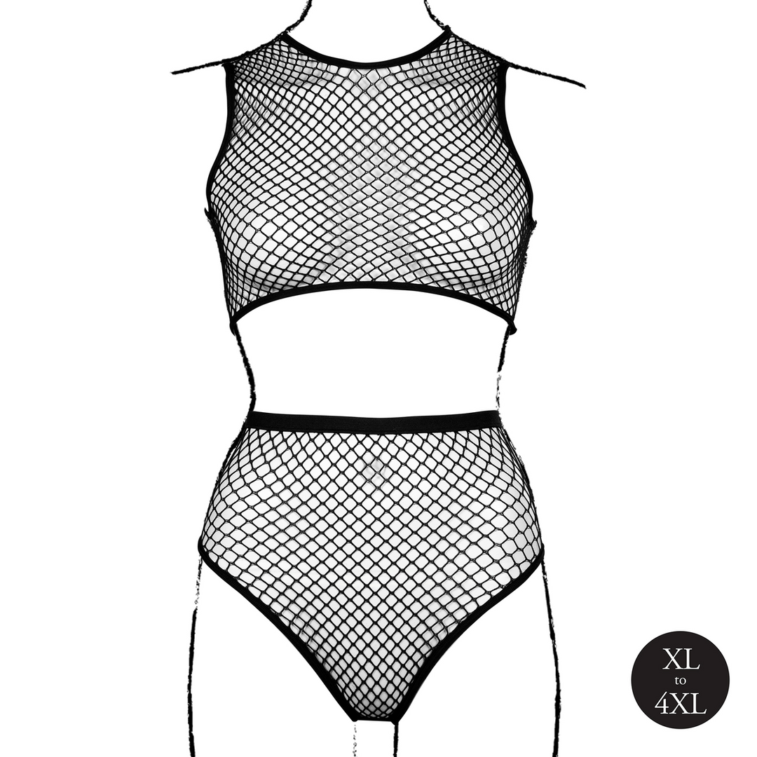 2 Pc Crop Top - Pantie and Fishnet Structure - Queen Size - Black - Image 9