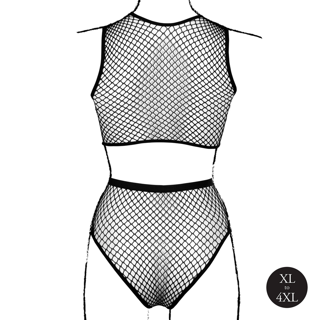 2 Pc Crop Top - Pantie and Fishnet Structure - Queen Size - Black - Image 10