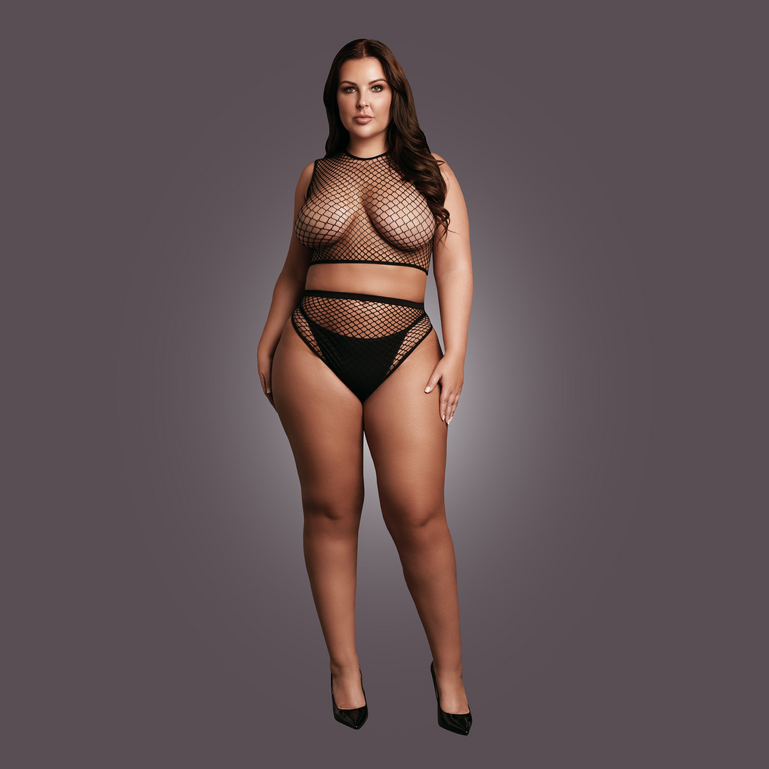 2 Pc Crop Top - Pantie and Fishnet Structure - Queen Size - Black - Image 5