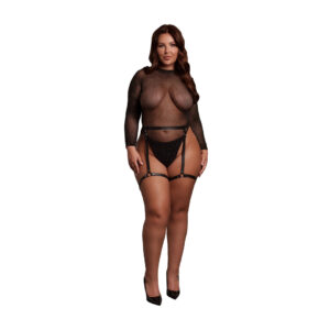 Shimmering Open-Back Bodysuit with PU Leather Garters - Queen Size - Black/Gold Glitter