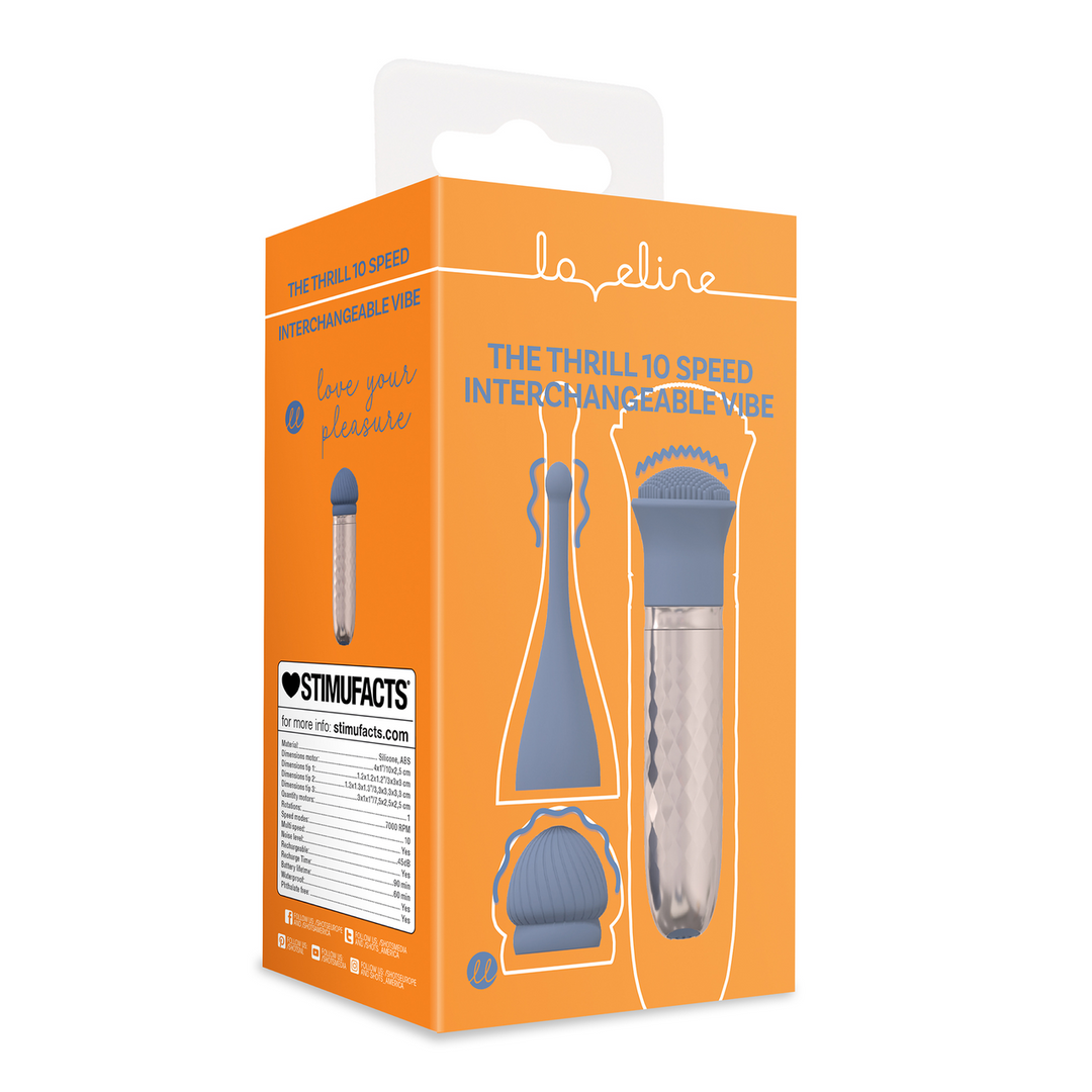 The Thrill - 10 Speed Interchangeable Vibrator - Blue - Image 2