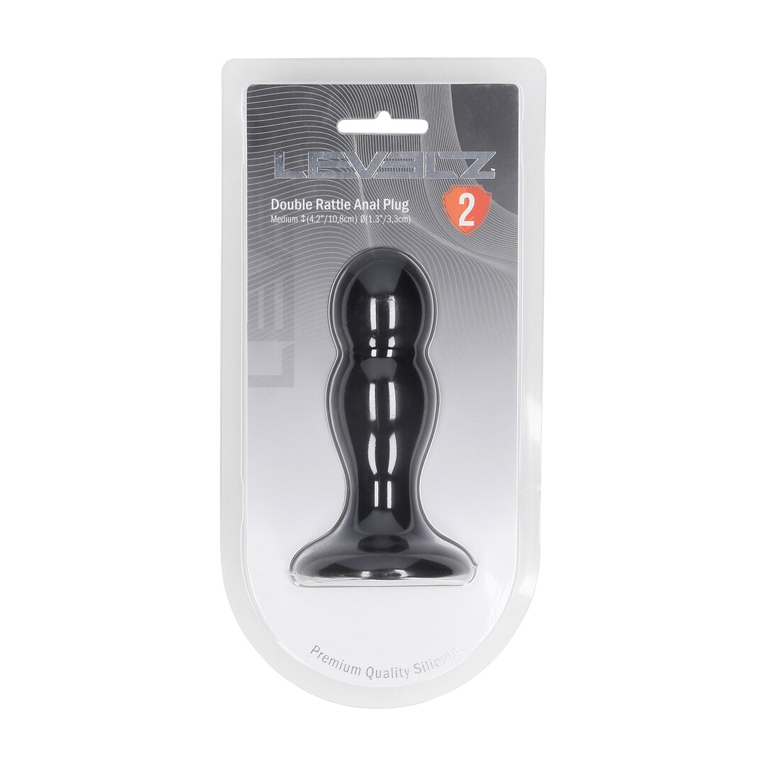 Double Rattle Liquid Silicone Anal Plug - M - Black - Image 2
