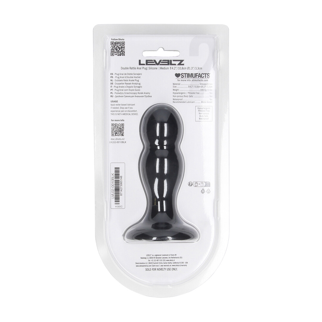 Double Rattle Liquid Silicone Anal Plug - M - Black - Image 3