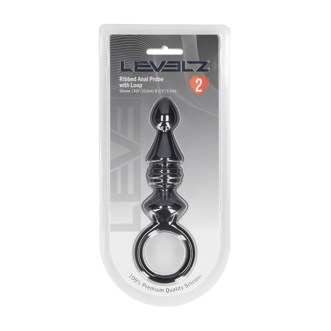 Ribbed Silicone Anal Probe with Loop - Black - Image 2